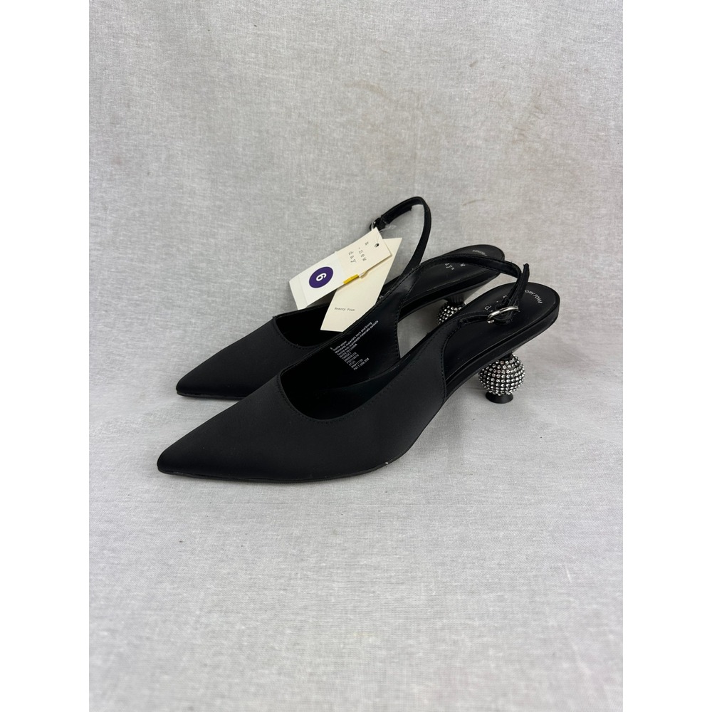 A New Day Womens Black Slingback Heels Rhinestone Disco Ball Heel Pointed Toe 6